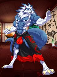 2018 4_toes 5_fingers abs anthro biceps blue_hair blue_nose blue_skin bulge canine capcom claws clothed clothing darkstalkers digitigrade dojo eyebrows fighting_stance fist gallon gloves_(marking) hair hungothenomster jon_talbain male male_only mammal mane markings multicolored_hair multicolored_skin muscular muscular_male nipples pecs penis_outline penis_shaped_bulge socks_(marking) solo standing tight_underwear toes topless two_tone_hair two_tone_skin underwear vampire_savior video_games were werewolf white_hair white_skin wolf yellow_eyes