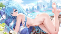 1girl absurdres ass azur_lane barefoot blue_eyes blue_hair blush breasts closed_mouth coconut commentary_request completely_nude feet feet_up highres janus_(azur_lane) janus_(shimmering_splashes_above_the_clouds)_(azur_lane) long_hair looking_at_viewer navel nipples nude official_alternate_costume outdoors pool poolside proverbs_zhenyan small_breasts solo stomach tears toes water
