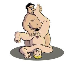 2boys anal anal_penetration anal_sex balls bara barney_rubble black_hair blonde_hair body_hair cheating_husband chubby eyes_half_open flaccid fred_flintstone gay hanna-barbera holding_foot human legs_held_open licking_foot male male_only nude piledriver_position pleasure_face pubic_hair soles spiffygreen the_flintstones upside-down