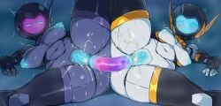 2girls 30_minutes_missions acerby_type_d acerby_type_e blue_anus blue_eyes blue_nipples blue_pussy blur_censor blush cum cum_in_pussy cum_on_body dildo dildo_in_ass double_dildo eyes_visible_through_mask female pleasure_face pochincoff presenting robot_girl visor