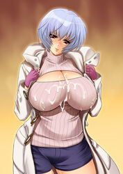 1girls alternate_version_available big_breasts blue_hair blush breast_outside busty cleavage cleavage_cutout clothing coat cum curvy female female_only fingerless_gloves front_view gloves gold_background heart holding_object hourglass_figure human kawaraya_a-ta large_breasts looking_at_viewer neon_genesis_evangelion pink_gloves pose posing red_eyes rei_ayanami shiny shiny_skin short short_hair short_shorts simple_background sound_effect standing sweat sweater thick_thighs voluptuous wide_hips