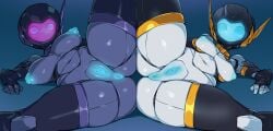 2girls 30_minutes_missions acerby_type_d acerby_type_e blue_anus blue_eyes blue_nipples blue_pussy blur_censor eyes_visible_through_mask female looking_at_viewer pochincoff presenting robot_girl visor