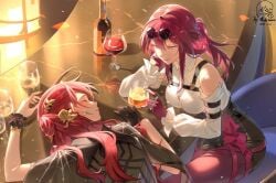 2girls drinking drunk himeko_(honkai:_star_rail) kafka_(honkai:_star_rail) lesbian passed_out purple_hair red_hair redhead women yuri