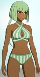 1girls ai_generated bikini dark-skinned_female dark_skin emerald_sustrai female female_only green_hair rwby solo swimsuit