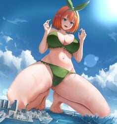 1girl :d alternate_size bikini blue_eyes blue_sky bob_cut breasts city cleavage cloud cloudy_sky collarbone commentary english_commentary giant giantess go-toubun_no_hanayome green_bikini green_ribbon grid_print hair_ribbon hands_up highres huge_breasts kneeling lens_flare looking_down medium_hair nakano_yotsuba ocean open_mouth orange_hair ribbon sky smile solo splashing spread_legs sun swimsuit teeth tongue upper_teeth_only v-shaped_eyebrows wet