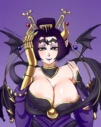 1girls areola_slip batwings beauty_mark blue_eyes breasts choker cleavage demon digimon digimon_(species) eyeshadow fangs female female_only half-closed_eyes horns huge_breasts large_breasts lilithmon lipstick long_fingernails looking_at_viewer nipple_slip plain_background pointy_ears purple_hair rakuoni seven_great_demon_lords smile solo succubus wings