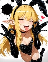 ai_art ai_assisted ai_generated black_gloves black_thighhighs breasts cameltoe covered_nipples erect_nipples fake_animal_ears fellatio_gesture latex_clothing saliva serie_(sousou_no_frieren) sexy_female sexy_pose shiny_clothes small_breasts smile soles_fetish teeth tongue_out wet_skin yellow_eyes yellow_hair young_female