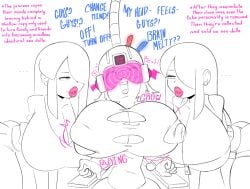 apprehensive begging bimbo bimbofication brainwashing breast_expansion dialouge empty_eyes helmet identity_death lips lipstick long_hair mind_control mind_control_helmet personality_change pink_eyes razbunny restraints sequence star text twinning visor_(eyewear)