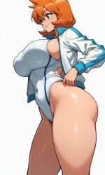 1girl adjusting_clothes adjusting_swimsuit ai_generated ass bangs blue_eyes blush breasts busty closed_mouth clothes_pull clothing competition_swimsuit covered_navel curvaceous female female_only groin hair_between_eyes highleg highleg_swimsuit huge_breasts impossible_clothes impossible_swimsuit jacket kasumi_(pokemon) large_breasts lips long_sleeves looking_to_the_side misty_(pokemon_hgss) multicolored multicolored_clothes multicolored_jacket multicolored_swimsuit navel one-piece_swimsuit one-piece_swimsuit_pull open_clothes open_jacket orange_hair pokemon shiny_clothes shiny_skin short_hair sideboob skin_tight skindentation smile solo sportswear standing swimsuit swimsuit_pull tank_suit taut_clothes thick_thighs thighs track_jacket two-tone_jacket two-tone_swimsuit white_jacket white_one-piece_swimsuit white_swimsuit wide_hips