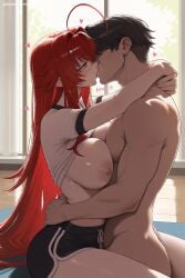 1boy 1girl ahoge ai_generated bangs belt black_shorts breasts breasts_outside green_eyes heart hetero hi_res high_quality high_resolution high_school_dxd hug indoors kiss large_breasts long_hair nipples patreon red_hair rias_gremory seductive sex sexy shirt shirt_lift short_sleeves shorts uncensored very_long_hair watermark white_shirt