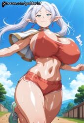 1girl ai_generated bare_midriff bokeh_background bouncing_breasts breast_bounce breast_jiggle breasts curvy elf elf_female frieren frieren_beyond_journey's_end gaddariat gloves huge_breasts jiggling_breasts large_breasts long_hair motion_blur patreon running slim_waist solo sports_bra sweat thick_thighs voluptuous white_hair