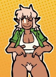 2025 5_fingers analognsfw autumn_(genocityzone) bottomless bottomless_female bottomless_humanoid breasts brown_body brown_breasts brown_ears brown_skin cleavage clothed clothing collarbone crop_top digital_media_(artwork) dotted_background elf eyebrows eyelashes female female_humanoid fingernails fingers freckled_breasts freckled_face freckled_hips freckles genitals genocityzone gesture gradient_background green_clothing green_jacket green_topwear hair hand_gesture hi_res humanoid humanoid_pointy_ears jacket long_hair looking_aside nails not_furry one_eye_closed open_clothing open_jacket open_topwear orange_eyes outline pattern_background pointing pointing_at_crotch pointy_ears pubes shirt simple_background smile solo tan_hair tan_pubes topwear vulva white_clothing white_crop_top white_outline white_sclera white_topwear yellow_background