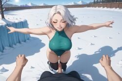 1girl action_pose ai_assisted ai_generated anal anal_sex arms_held_behind_back arms_pulled_back arms_up asleep beautiful blushing curvy dancing doggystyle embarrassed eyes_closed green_eyes green_leotard hypno ice ice_skates ivy makeup outdoors passed_out perky_tits prone_bone rough_sex sleeping smile snow source_anime thick_cock thighhighs white_hair