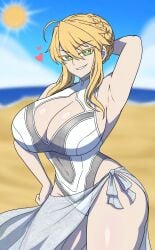 1female 1girl 1girls ahoge armpits arms_behind_back arms_behind_head arms_up artoria_pendragon artoria_pendragon_(lancer) artoria_pendragon_(swimsuit_ruler)_(second_ascension)_(fate) beach_background blue_sky blurred_background blurry_background braided_bun braided_hair cel_shading curvy curvy_female curvy_figure curvy_hips eyelashes fate/grand_order fate_(series) female female_focus female_only glossy green_eyes hairbun hand_behind_head hand_up heart high_quality high_resolution highres large_boobs large_breasts large_hips large_thighs large_tits long_bangs looking_at_viewer ocean sandals seductive seductive_pose sexy sheer shiny shiny_skin side_tie_bikini skirt smug smug_expression smug_face smug_smile solo solo_female solo_focus sun taller_female voluptuous voluptuous_body voluptuous_female water white_bikini white_pupils white_skirt white_swimsuit yellow_eyelashes