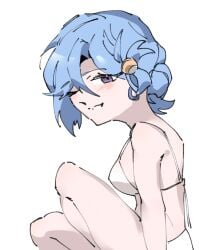 1girls blue_hair bra chiebukuro_setsuka danganronpa_another ear_piercing earrings fanganronpa female female_only hair_ornament one_eye_closed panties purple_eyes sdra2 solo solo_female super_danganronpa_another_2