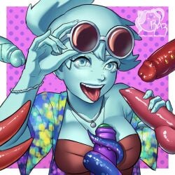 1girls 2026 2futas 3boys blue_body blue_eyes blue_hair blue_skin breasts brian_yu cleavage damien_lavey female female_focus futanari ghost ghost_girl imminent_oral male monster_prom multiple_penises penis pink_background polly_geist ponytail razillon scott_howl sticking_out_tongue sticking_tongue_out sunglasses sunglasses_on_head tied_hair vera_oberlin white_border zoe_(monster_prom)