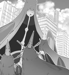 ambiguous_gender black_and_white blush blushing building celesteela forced giantess interspecies looking_pleasured lucario macro monochrome nintendo pokemon pokemon_(species) pokemon_dppt pokemon_sm size_difference soryuu surprised