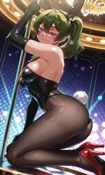 23afterhours ai_generated black_elbow_gloves bunny_costume bunny_girl bunny_tail bunnysuit casino chandelier charm frieren_beyond_journey's_end green_hair medium_breasts pantyhose purple_eyes red_high_heels seductive seductive_smile side_ass sideboob stripper stripper_pole sweatdrop sweaty_body ubel ubel_(sousou_no_frieren)