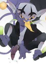 2018 9999gpera blush clothed clothing clown darkner deltarune erection footwear gay gloves humanoid imp jevil_(deltarune) male open_mouth partially_clothed penis precum sharp_teeth shoes simple_background smile solo sweat teeth tongue tongue_out video_games