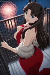 1girl ai_generated ass bare_shoulders black_bow black_choker black_hair black_ribbon blue_eyes breasts breasts_out brown_hair choker criss-cross_halter digitalwaifugallery dress fate_(series) fireworks fur_trim hair_ribbon halter_dress halterneck hi_res high_quality high_resolution large_breasts long_hair looking_at_viewer looking_back medium_breasts night nipples no_bra open_mouth parted_bangs patreon red_dress ribbon seductive sexy smile solo tohsaka_rin two_side_up uncensored watermark