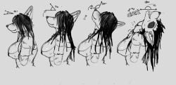 2026 anthro black_hair blood blood_from_neck bodily_fluids breasts broken_bone broken_neck canid canine cleavage clothed clothed_anthro clothed_female clothing digital_drawing_(artwork) digital_media_(artwork) directional_arrow english_text female fur gore hair hi_res long_hair looking_up mammal monochrome natalia_(roofieredd) onomatopoeia roofieredd simple_background smile solo sound_effects teeth text undead white_background