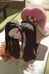 1girl ai_generated asa_no_ha_(pattern) bit_gag black_hair breasts gag gradient_hair hair_ribbon haori hi_res high_quality high_resolution indoors japanese_clothes kamado_nezuko kimetsu_no_yaiba kimono long_hair long_sleeves looking_at_viewer multicolored_hair patreon pink_eyes pink_kimono pink_ribbon red_hair ribbon seductive sexy sharp_fingernails shiny_hair smile solo uncensored watermark