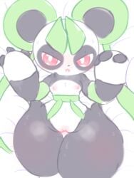 3:4 anthro bear bedding bedding_background black_body black_fur black_nose bodily_fluids female fur genitals giant_panda hi_res leafan_(pal) mammal nakimayo nipples pal_(species) palmorph palworld pink_nipples pink_vulva pocketpair red_eyes solo sweat sweaty_body vulva white_body white_fur