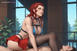 1girl ai_assisted ai_generated big_breasts bikini cock_in_pussy collar cowgirl creampie embarrassed harness inside leaning_forward legs_crossed moaning outside parted_bangs pussy_sex red_eyes red_hair rolling_eyes saliva shaking side_view sitting skirt stockings thong tree white_shirt