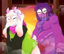 animal_nose artist_signature blush blush_lines blushing bottomless breasts buckteeth buttjob caprine catjamn closed_eyes clothing_swap covered_breasts cum cum_on_ass cum_on_penis deltarune duo erection eyelashes eyewear female floppy_ears foreskin furrowed_brow glasses goat green_clothing green_glasses horn horns leaning_forward long_ears long_sleeves medium_penis mole mole_under_eye necktie nervous nonbinary open_mouth orgasm pants_down parted_lips partially_clothed partially_retracted_foreskin penis penis_on_ass purple_clothing purple_glasses purple_hair purple_skin rabbit_nose ralsei ribbon rule_63 scarf seth_(deltarune) smile snout steam sun sunset sweat sweating sweaty sweaty_body sweaty_face tail trans_woman transgender_pride_colors uncut visible_breath wavy_mouth white_fur