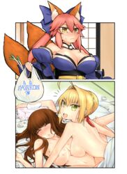 animal_ears bed blonde_hair blush breasts closed_eyes fate/grand_order fate_(series) fox_ears fox_girl fox_tail green_eyes hakuno_kishinami hickey huge_breasts kemonomimi naked nero_claudius_(fate) nude red_hair tamamo_no_mae_(fate) tribadism yellow_eyes yuri yuriwhale