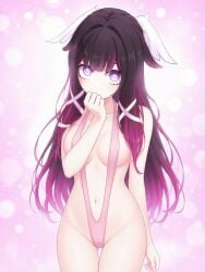 bikini columbina_(genshin_impact) cute_face genshin_impact looking_at_viewer medium_breasts pink_bikini purple_hair shy_expression slingshot_bikini