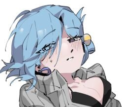1girls blue_hair blush blush_lines blushing bra chiebukuro_setsuka danganronpa_another earrings fanganronpa female female_only hair_ornament hair_over_one_eye one_eye_covered one_eye_obstructed only_female open_clothes open_shirt purple_eyes sdra2 shirt_open solo solo_female super_danganronpa_another_2
