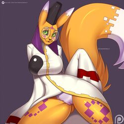 2018 anthro black_sclera breasts cleft_of_venus clothed clothing data_(wouhlven) digimon doomthewolf eyewear female fur glasses green_eyes looking_at_viewer multicolored_fur no_underwear purple_fur pussy solo taomon white_fur yellow_fur