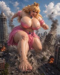 ai_generated blonde_hair blue_eyes crown destruction giantess light-skinned_female pink_dress princess_peach rampage