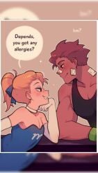 2boys bandages blonde_hair blue_eyes blue_outfit brown_hair bulge characterful comic darren_(skaroy) duo earrings elbow_gloves femboy garrett_(skaroy) girly hi_res highres little_mac_(cosplay) m&m's makeup male male_only nintendo pointy_chin ponytail punch_out skaroy stockings tagme they_love_each_other tophat_turtle video voice_acted
