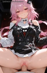 1girls ai_generated blush cowgirl_position evernight_(honkai:_star_rail) female female_focus honkai:_star_rail krowenx looking_at_viewer male_penetrating male_penetrating_female no_panties penetration penis penis_in_pussy pink_hair pussy red_eyes sex smile thighs uncensored vaginal vaginal_penetration vaginal_sex