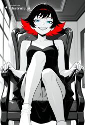 1girl ai_assisted ai_generated beautiful black_hair blue_eyes day dress general grayscale grin high_contrast highres indoors lipstick looking_at_viewer multicolored_hair no_nose perfect_anatomy pussy red_hair sharp_teeth short_hair sitting_on_chair slit_pupils smug socks sultry_eyes upskirt_view