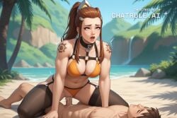1girl ai_assisted ai_generated barefoot beach bikini brigitte cock_in_pussy collar cowgirl creampie curvy embarrassed harness inside jewelry leaning_forward moaning navel outside overwatch parted_bangs pussy_sex rolling_eyes saliva shaking side_view skirt source_anime stockings swimsuit tree white_shirt