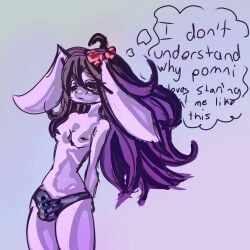 black_hair boner bow bulge bunny bunny_ears jax_(the_amazing_digital_circus) long_hair panties purple_body the_amazing_digital_circus transfem