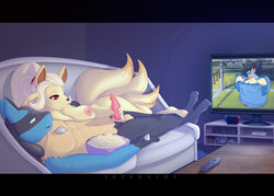 1boy 1girls 2019 animal_genitalia animal_penis anthro anthro_on_anthro areolae balls barefoot black_border black_fur blonde_hair blue_fur blush breasts canine canine_penis cleavage combusken duo electronics erection eyelashes feet female food fox fur furry game_console game_controller half-closed_eyes half-erect handheld_game_console handjob huge_ass huge_breasts interspecies large_breasts long_hair lucario lying lysergide male multi_tail ninetales nintendo nintendo_switch nintendo_switch_dock nipples no_nipples nude on_back open_mouth original_character penis pokemon pokemon_(species) pokemon_dppt pokemon_rgby ponytail popcorn red_eyes remote sex smile sofa spikes straight tail television text thick_thighs toes video_games watermark wide_hips yellow_fur