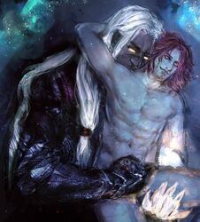 2boys ardyn_izunia behind final_fantasy final_fantasy_xv gay gilgamesh_(final_fantasy) handjob holding lap_sex lap_sitting male male/male male_only nude purple_hair size_difference ukenceto yaoi