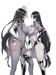 2girls bandaged_arm bandages black_hair breast_frottage breasts circlet competition dark-skinned_female dark_hair dark_skin eye_contact face-to-face fate/grand_order fate_(series) female female_only forehead_jewel greaves half-closed_eyes hand_on_hip huge_breasts human large_breasts long_hair looking_at_another minamoto_no_raikou_(fate) monochrome multiple_girls ontaros pauldrons pelvic_curtain plain_background puffy_sleeves revealing_clothes scheherazade_(fate) size_comparison standing symmetrical_docking thick_thighs very_long_hair white_background wide_hips