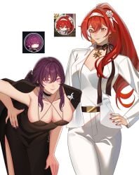 big_breasts dress hand_on_hip himeko_(honkai:_star_rail) kafka_(honkai:_star_rail) purple_hair red_hair redhead suit