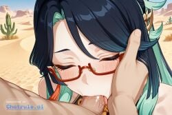 1girl 1girl1boy ai_assisted ai_generated arousal black_hair blowjob blue_hair blush close_up closed_eyes cock cowboy_shot deepthroat desert erect eyes_rolled_back fellatio genshin_impact glasses hair_ornament hand_on_anothers_head headpat heat intimate licking looking_at_viewer lustful moaning open_mouth oral_sex penis petting pleasure quivering saliva sand slobber smile solo solo_focus suction tongue upper_body worship xianyun_(genshin_impact)