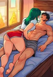 1boy 1girl abs ai_generated ass assertive_female barefoot bed bedroom black_hair boxers breasts closed_eyes clothing couple crop_top crotch_grab dolphin_shorts feet fingering girl_on_top green_hair hand_under_clothes handjob hetero indoors kiriko_(overwatch) kneepits leg_between_thighs long_hair lying male male_underwear muscle muscular muscular_male nipples on_back on_bed open_mouth overwatch pillow red_shorts shirt short_hair short_shorts short_sleeves shorts soles t-shirt thick_thighs thighs toes toned topless_male underwear white_shirt window