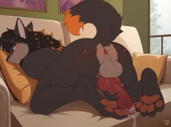 animal_genitalia animal_penis anthro anus balls blush bodily_fluids butt canid canine canine_genitalia canine_penis canis claws cum erection essien feet fluffy fluffy_tail furniture genital_fluids genitals hair hi_res inside kneeling knot knotted_penis leaning leaning_forward looking_at_viewer looking_back looking_back_at_viewer male mammal pawpads penis pillow raised_tail rear_view sofa solo tail vargan(gabuwolfy) wolf