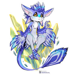 1:1 anthro avali blue_body blue_feathers blue_tail_feathers breasts claws feathers female genitals hi_res kiaun neck_tuft nipples nude nude_anthro nude_female small_breasts solo tuft vulva winged_arms wings yellow_eyes yellow_sclera