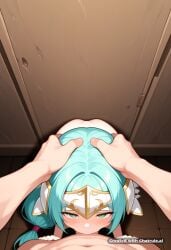 1girl ai_assisted ai_generated aqua_hair back_against_wall balls_deep deep deepthroat dominated face_fuck facing_viewer gold_trim green_eyes hands_tied_above_head headpiece high_quality highres long_hair petite_body pov ripped_clothes sitting_on_knees skinny small_breasts small_tits tiny_tits young