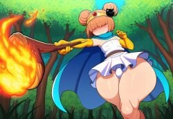 action_pose ai_generated blushing breedable bulge casting_spell circlet cosplay dragon_quest dragon_quest_iii eyes_hidden femboy fire forest hair_buns hair_covering_eyes hair_pin nervous novelai oc original_character sage_(dq3) thick_thighs wooden_staff