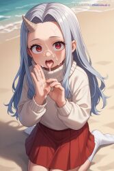 1girl ai_assisted ai_generated awaiting_cum beach cityscape cowboy_shot cum_in_hair cum_on_face cum_on_hands dutch_angle fellatio_gesture full_body grey_hair horns kneeling long_hair looking_at_viewer my_hero_academia naked open_mouth oral_invitation outdoors red_eyes red_skirt single_horn socks source_anime sweater tongue_out turtleneck view_from_above